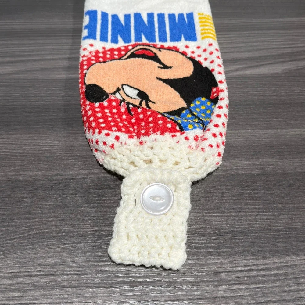 Vintage Minnie Mouse Hanging Kitchen Towels Set 2 Cannon Crochet Top Red White